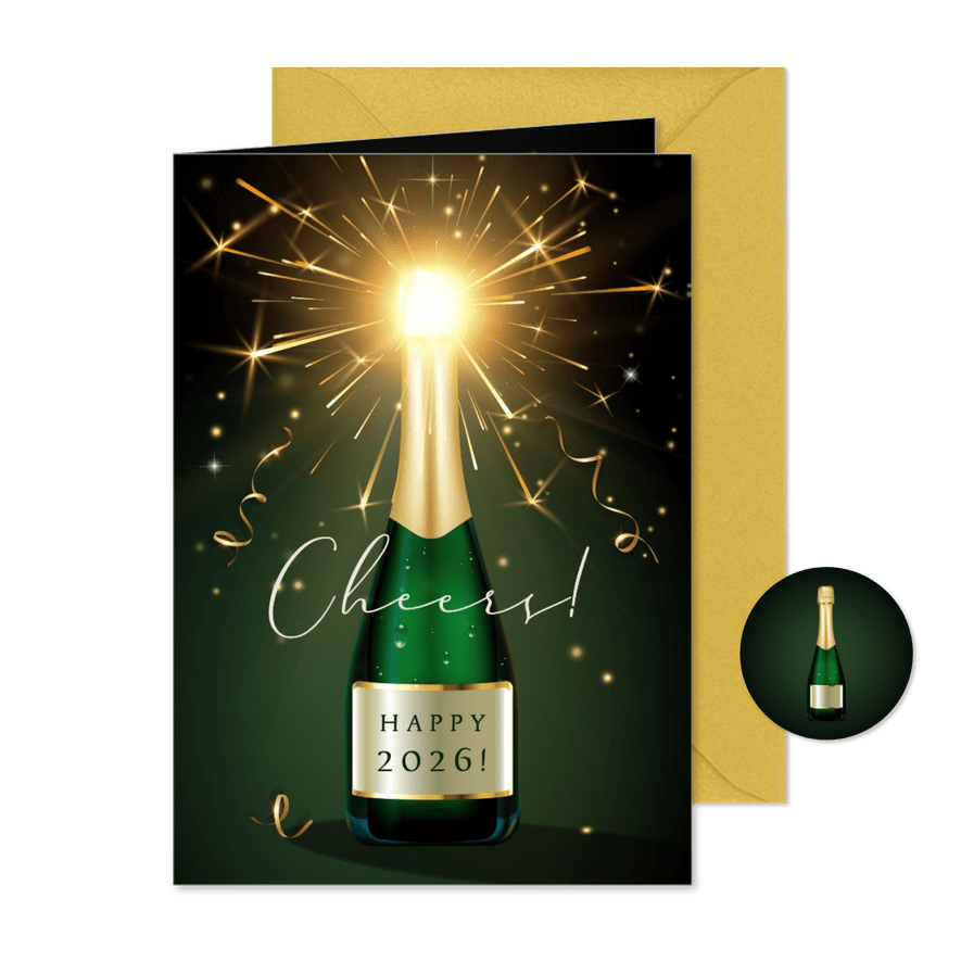 Stijlvolle nieuwjaarskaart champagnefles met vuurwerk - Kaartimpressie