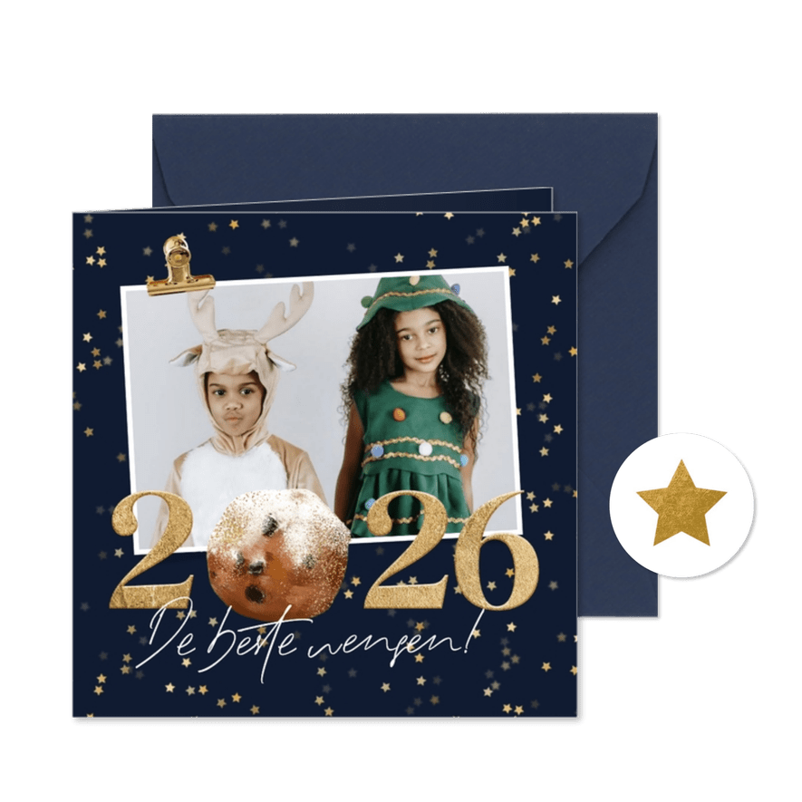 Stijlvolle nieuwjaarskaart foto sterren jaartal oliebol - Kaartimpressie
