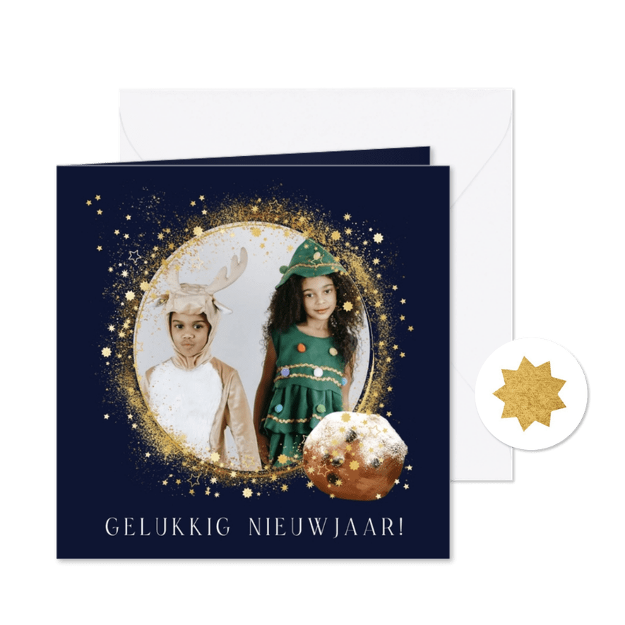 Stijlvolle nieuwjaarskaart foto sterrenstof oliebol goud - Kaartimpressie