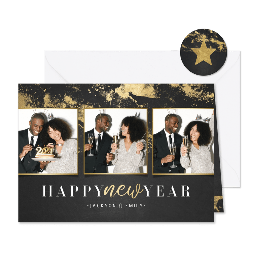 Stijlvolle nieuwjaarskaart fotocollage gouden structuur - Kaartimpressie