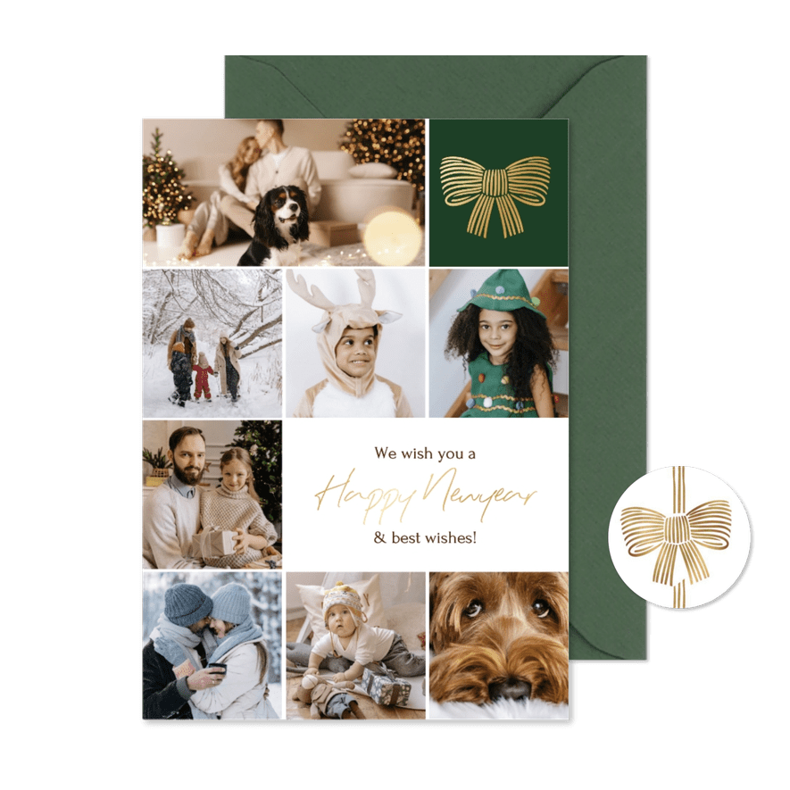 Stijlvolle nieuwjaarskaart fotocollage lijntekening strik - Kaartimpressie