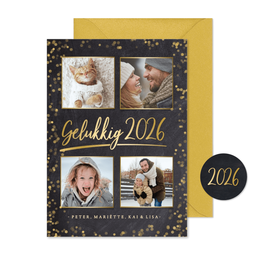 Stijlvolle nieuwjaarskaart fotocollage met 4 foto's en goud - Kaartimpressie