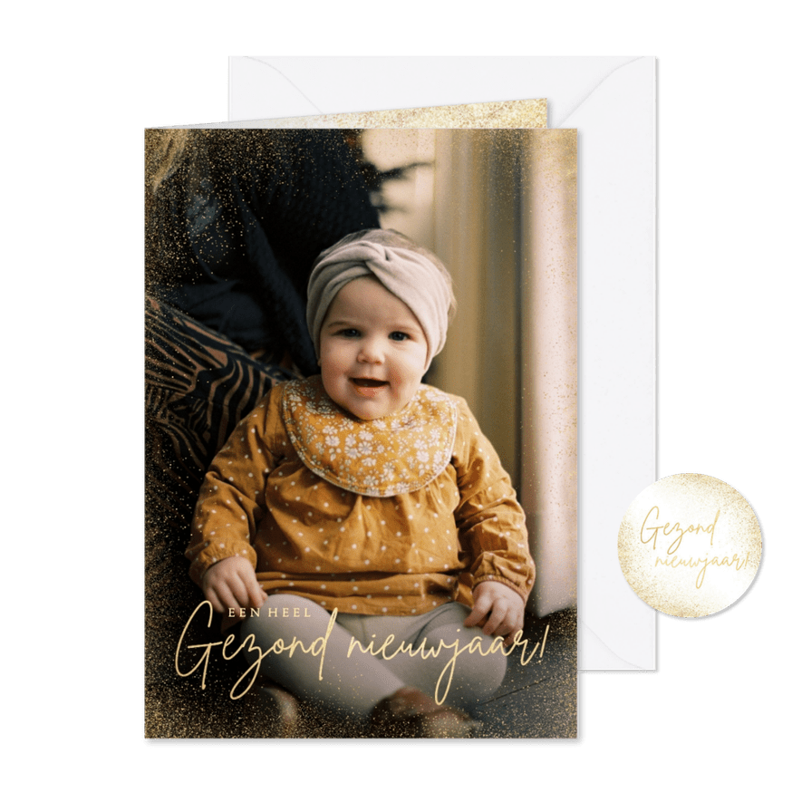 Stijlvolle nieuwjaarskaart goud grote foto gezond nieuwjaar - Kaartimpressie