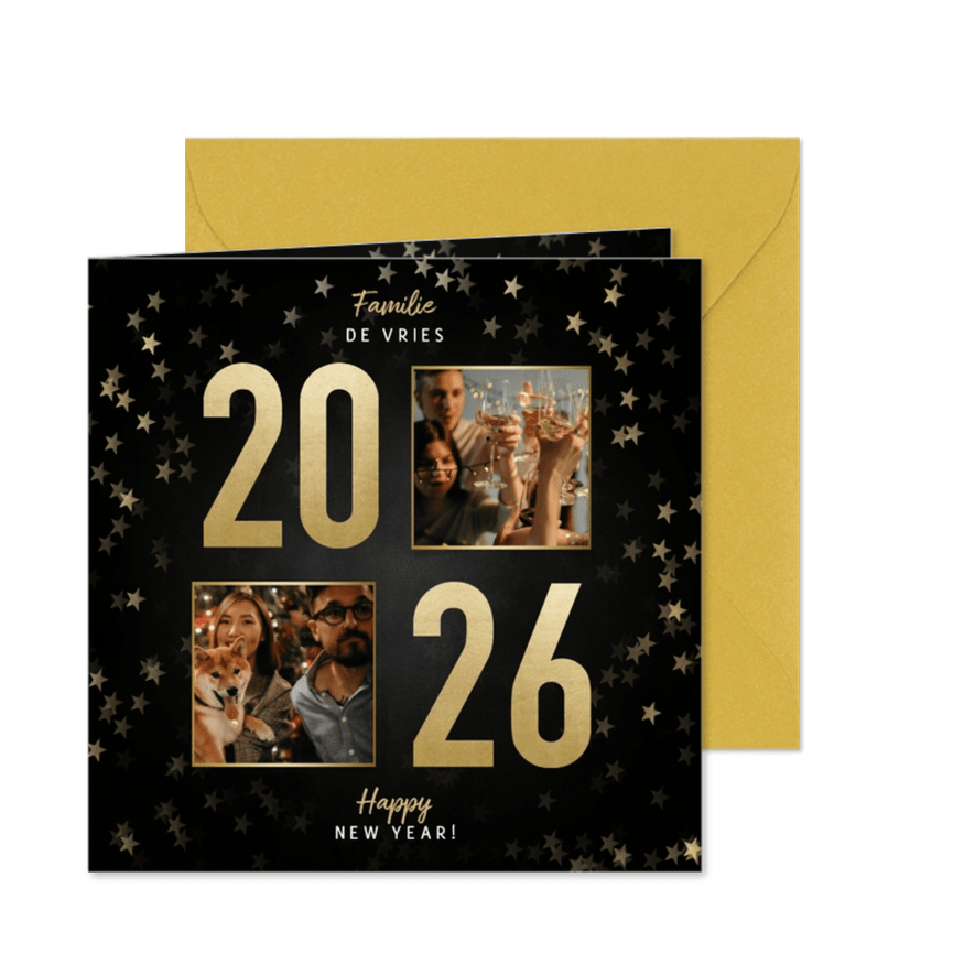 Stijlvolle nieuwjaarskaart gouden 2026, sterren en foto's - Kaartimpressie