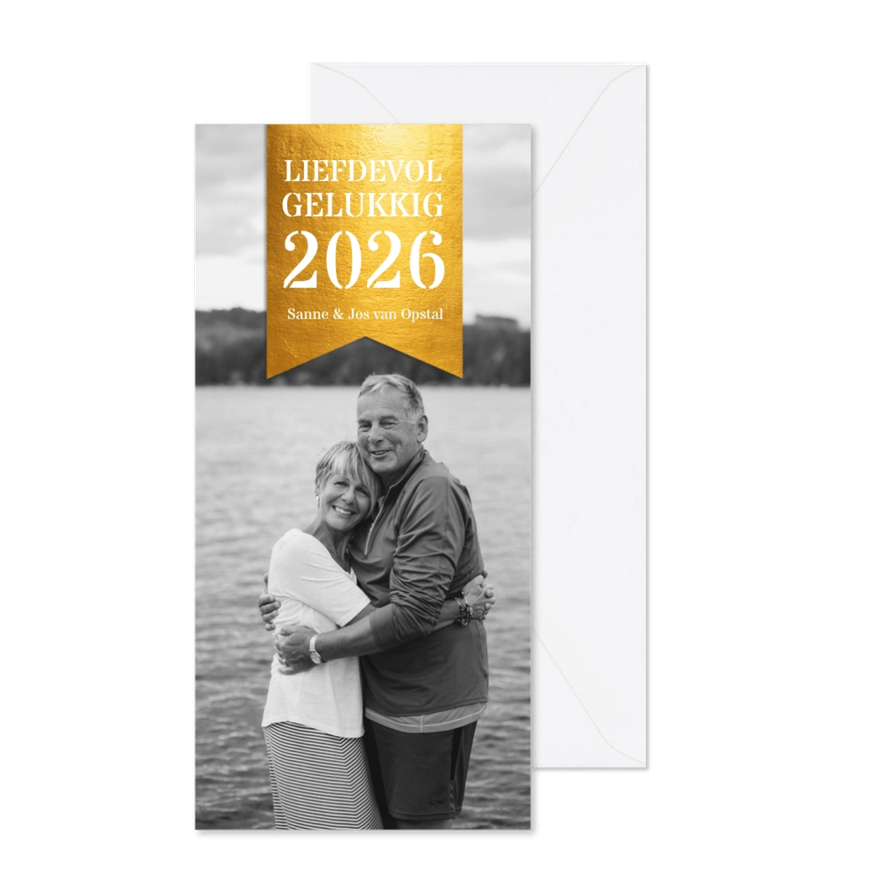 Stijlvolle nieuwjaarskaart gouden label grote foto - Kaartimpressie
