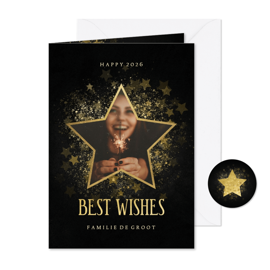 Stijlvolle nieuwjaarskaart gouden ster met foto - Kaartimpressie