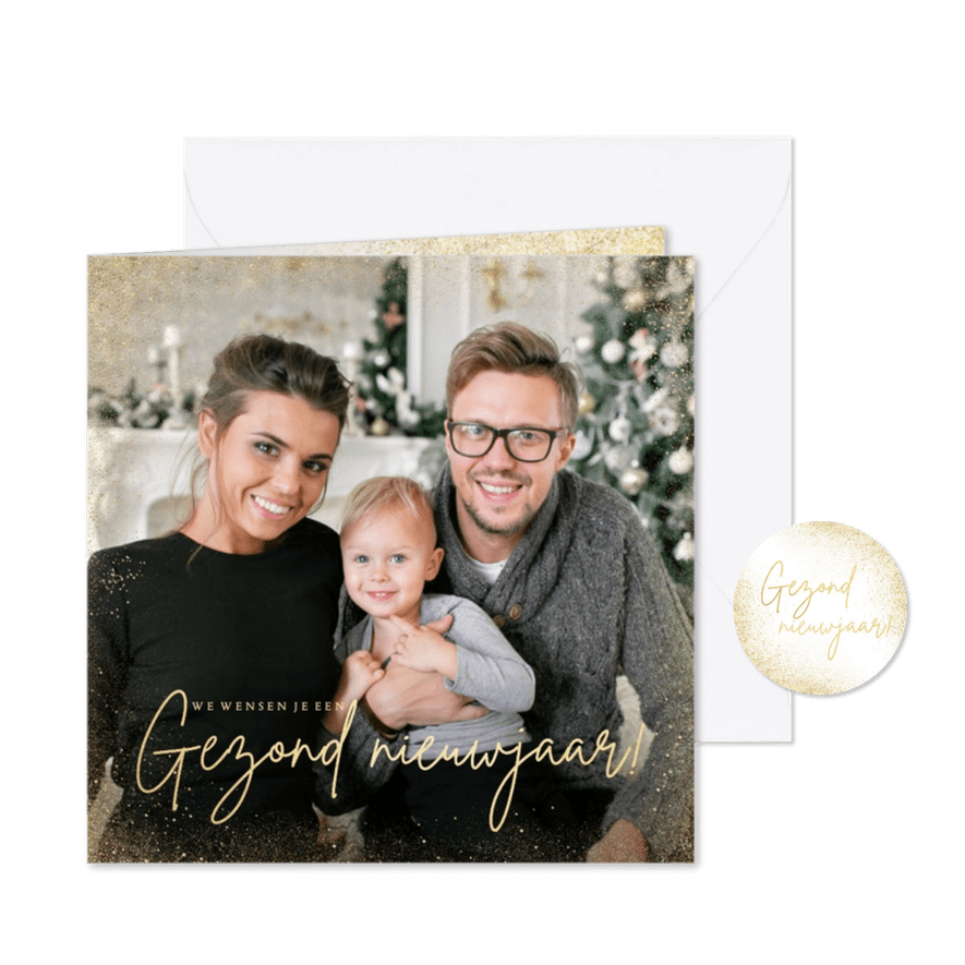 Stijlvolle nieuwjaarskaart grote foto gezond nieuwjaar goud - Kaartimpressie