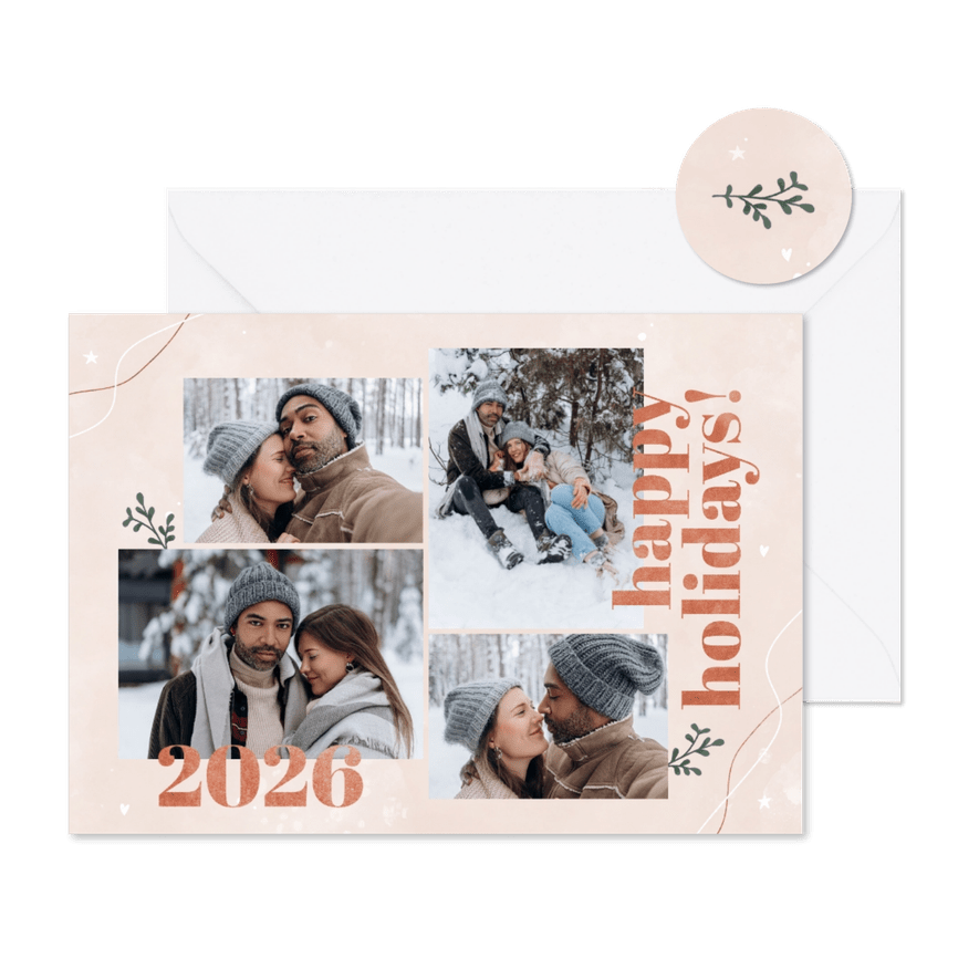 Stijlvolle nieuwjaarskaart Happy Holidays en 2026 koperlook - Kaartimpressie