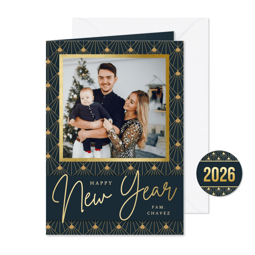 Stijlvolle nieuwjaarskaart in art-deco stijl met eigen foto - Kaartimpressie