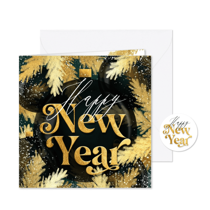 Stijlvolle nieuwjaarskaart kerstballen zwart takken goud - Kaartimpressie