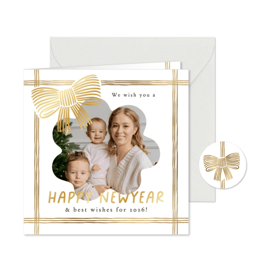 Stijlvolle nieuwjaarskaart linten strik lijntekening goud - Kaartimpressie