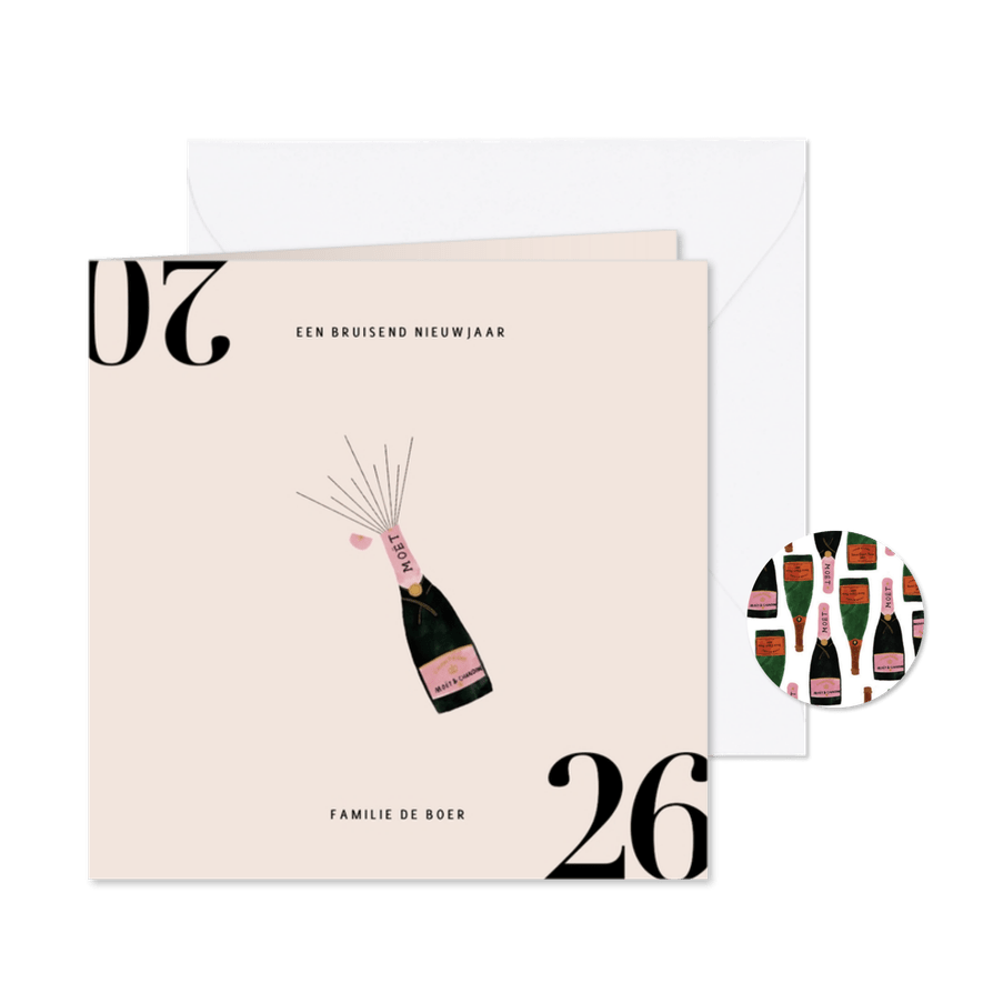 Stijlvolle nieuwjaarskaart met champagnefles en 2026 - Kaartimpressie