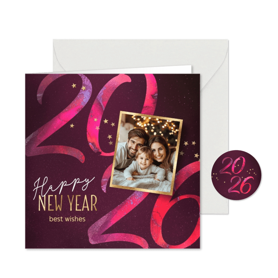 Stijlvolle nieuwjaarskaart met foto en 2026 - Kaartimpressie