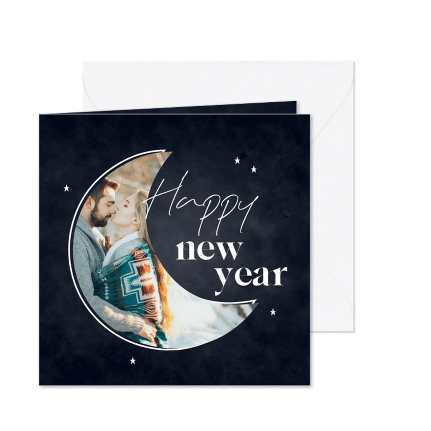 Stijlvolle nieuwjaarskaart met foto in maankader en ster - Kaartimpressie