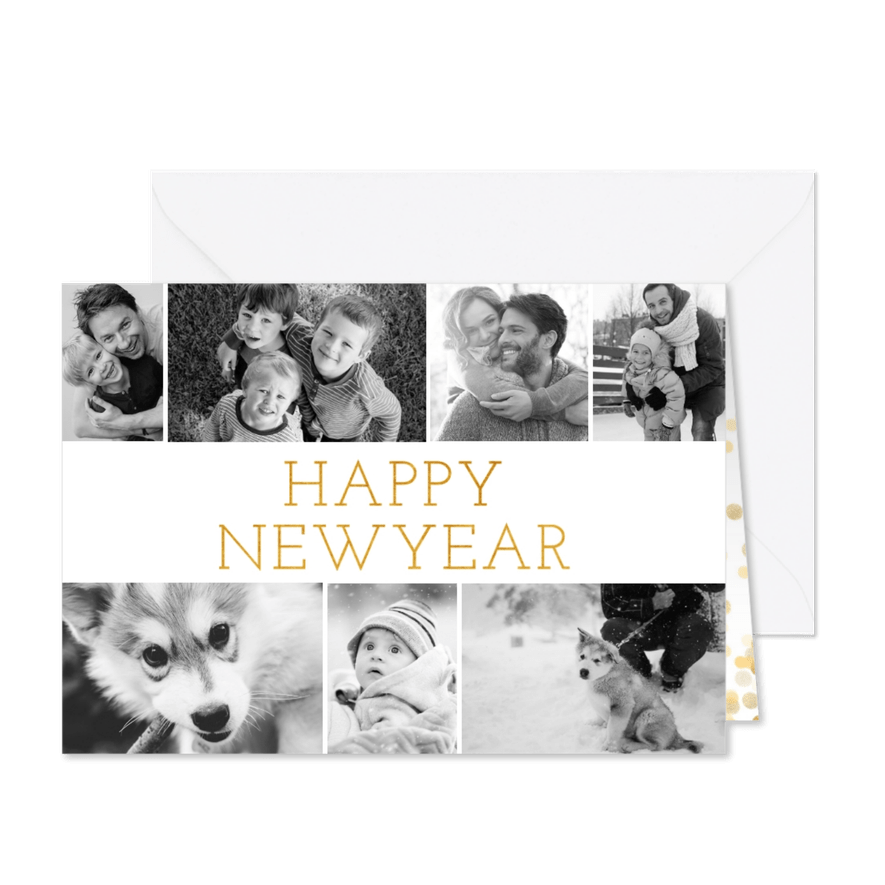 Stijlvolle nieuwjaarskaart met fotocollage en happy new year - Kaartimpressie