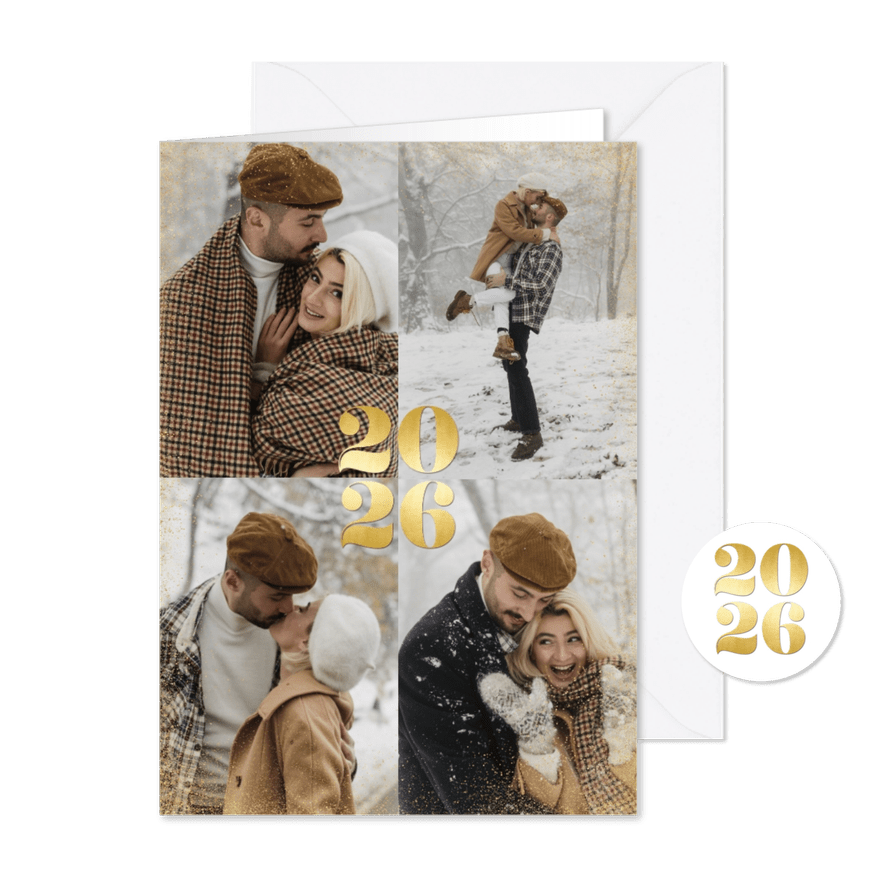 Stijlvolle nieuwjaarskaart met fotos en grote gouden 2026 - Kaartimpressie