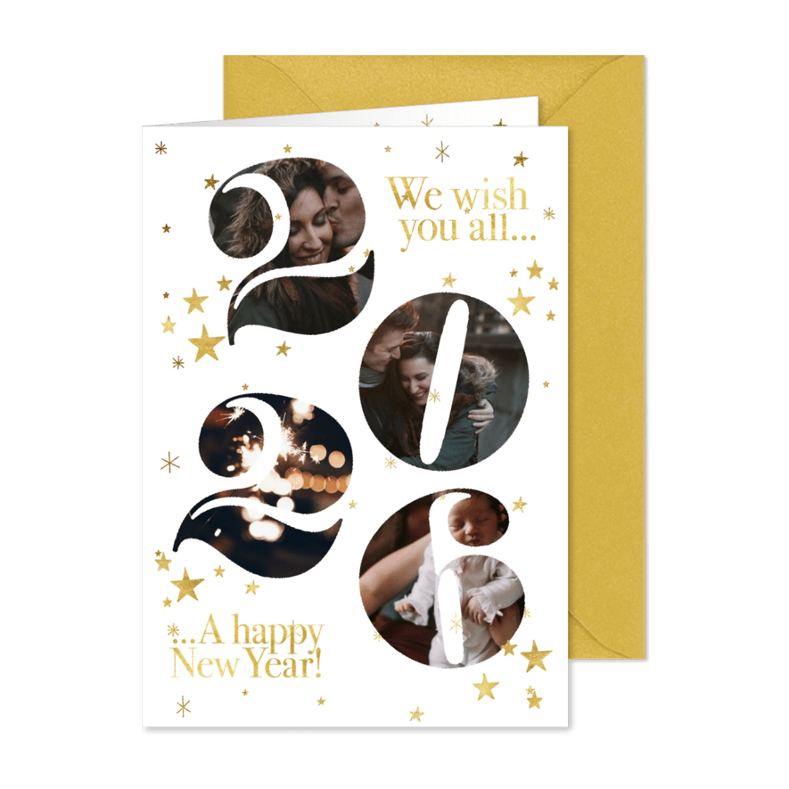 Stijlvolle nieuwjaarskaart met foto's in 2026 en sterren - Kaartimpressie