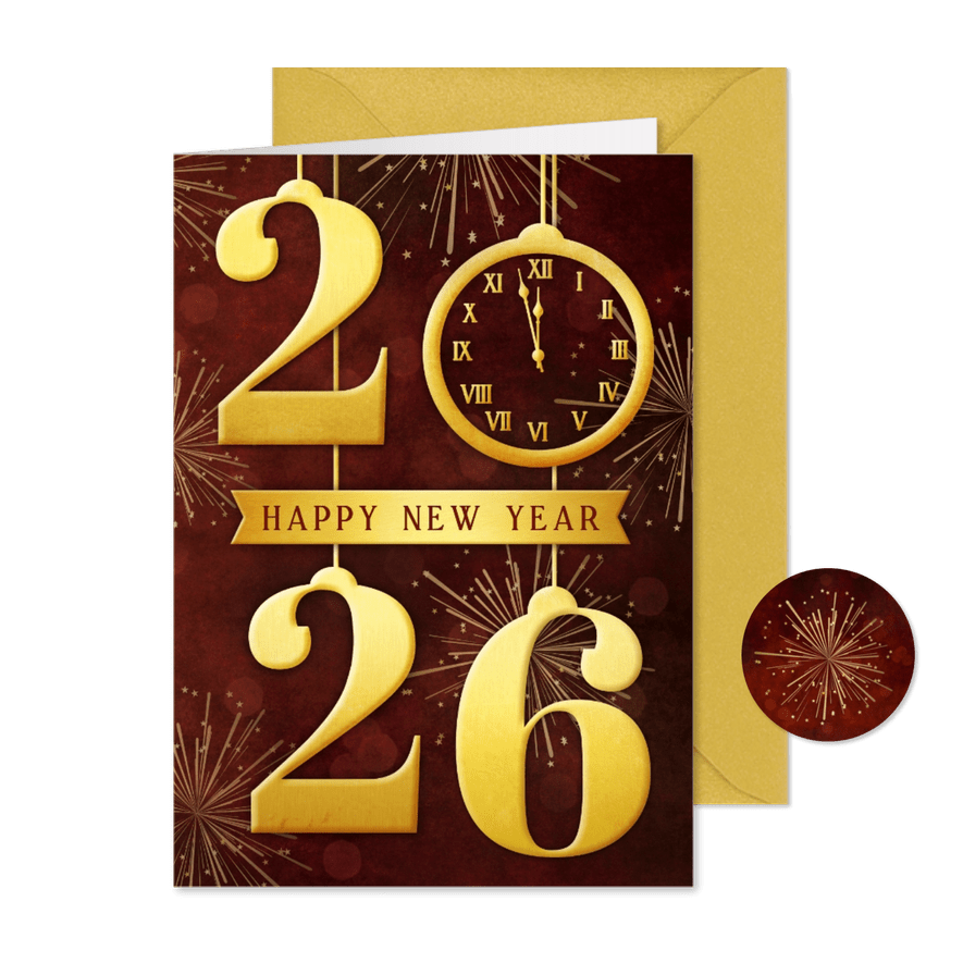 Stijlvolle nieuwjaarskaart met hangende cijfers 2026 en klok - Kaartimpressie