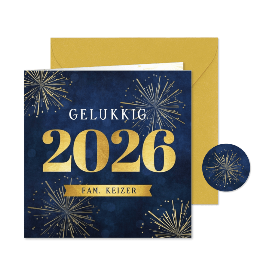 Stijlvolle nieuwjaarskaart met jaartal 2026 en goud vuurwerk - Kaartimpressie