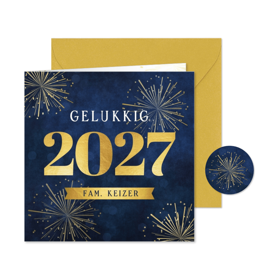 Stijlvolle nieuwjaarskaart met jaartal 2027 en goud vuurwerk - Kaartimpressie