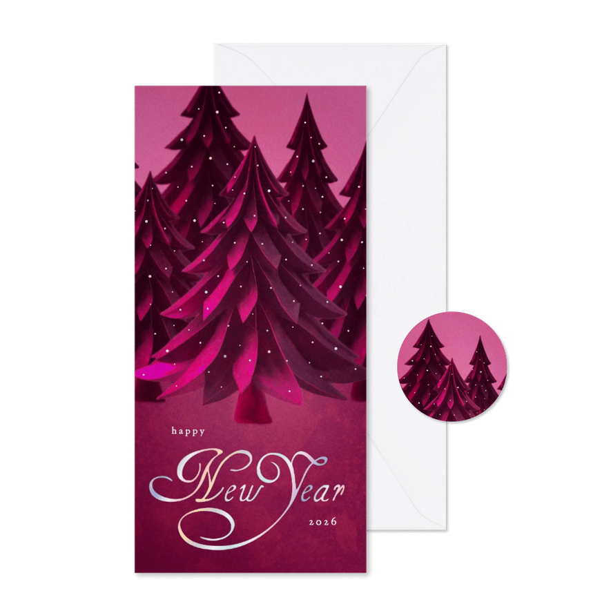 Stijlvolle nieuwjaarskaart met kerstbomen bos in trendy roze - Kaartimpressie