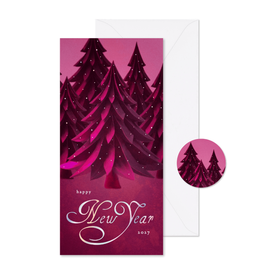 Stijlvolle nieuwjaarskaart met kerstbomen bos in trendy roze - Kaartimpressie