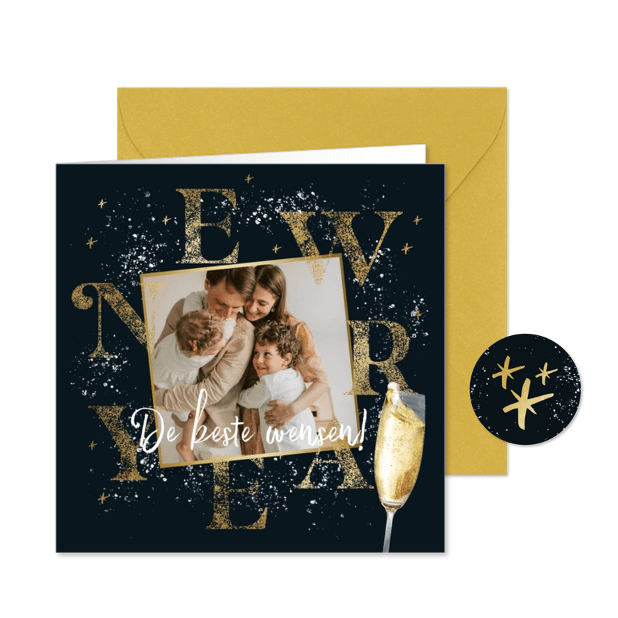Stijlvolle nieuwjaarskaart 'new year' goudlook spetters ster - Kaartimpressie