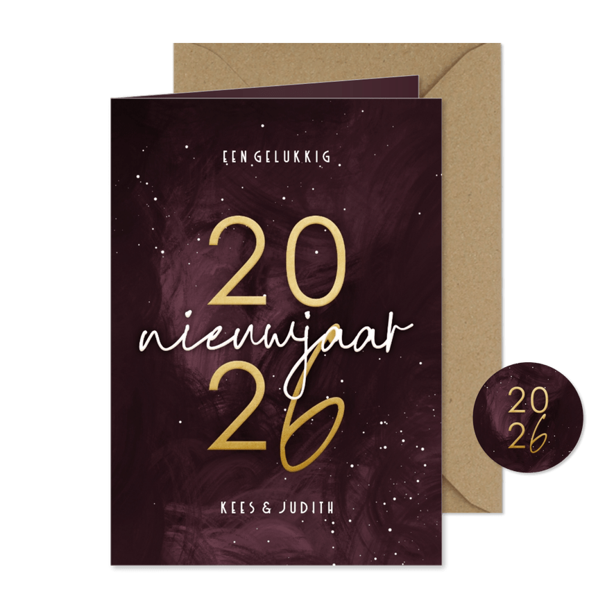 Stijlvolle nieuwjaarskaart rode waterverf met goudlook 2026 - Kaartimpressie