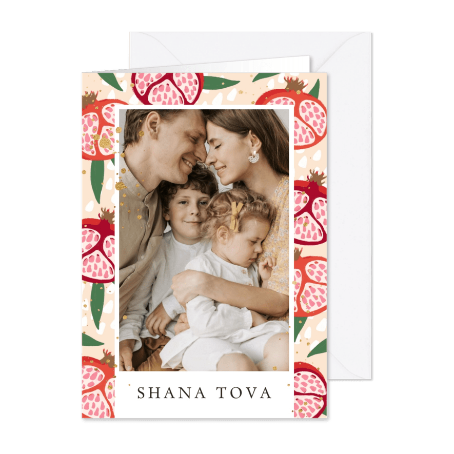 Stijlvolle nieuwjaarskaart Shana Tova granaatappel foto - Kaartimpressie