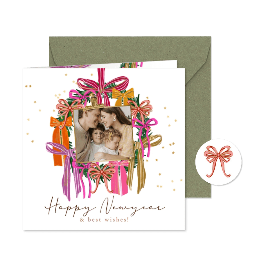 Stijlvolle nieuwjaarskaart strikken kleurrijk ster goud foto - Kaartimpressie