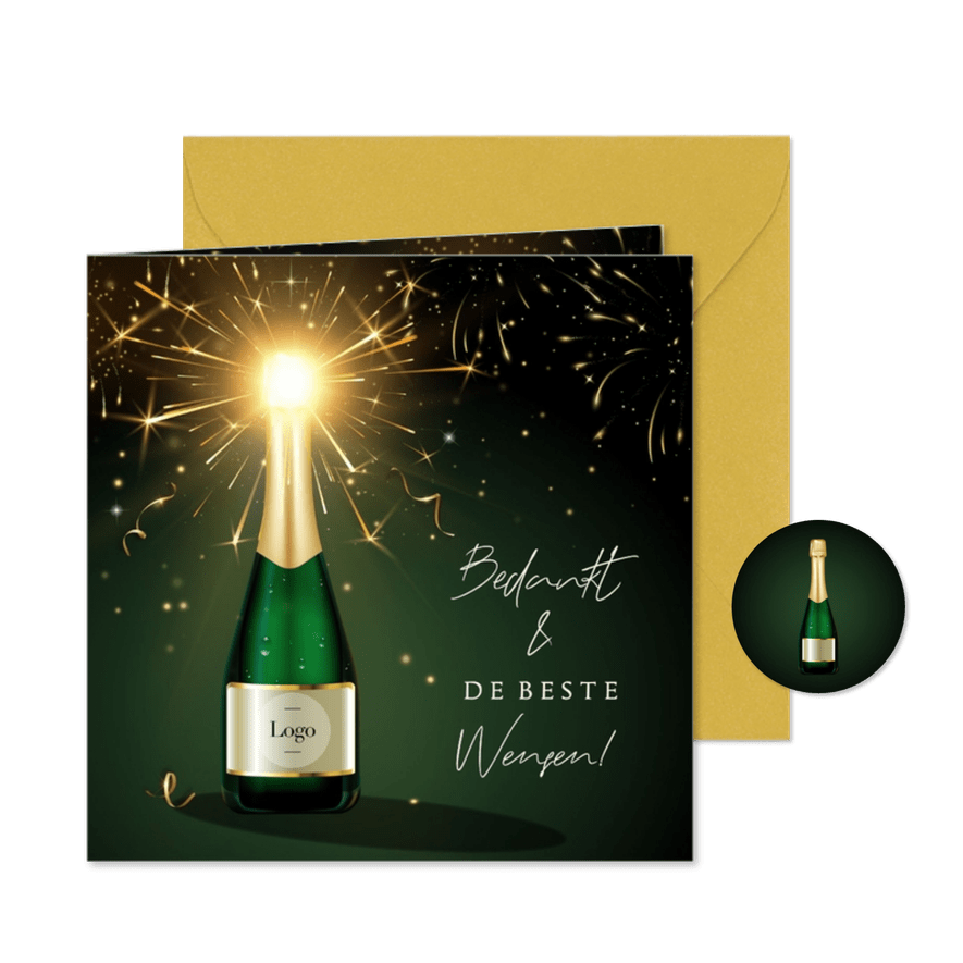 Stijlvolle nieuwjaarskaart zakelijk champagnefles met logo - Kaartimpressie
