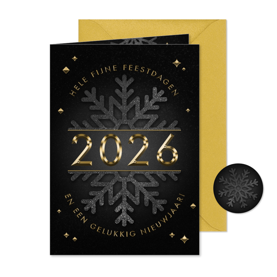 Stijlvolle nieuwjaarskaart zwarte sneeuwvlok sterren 2026 - Kaartimpressie
