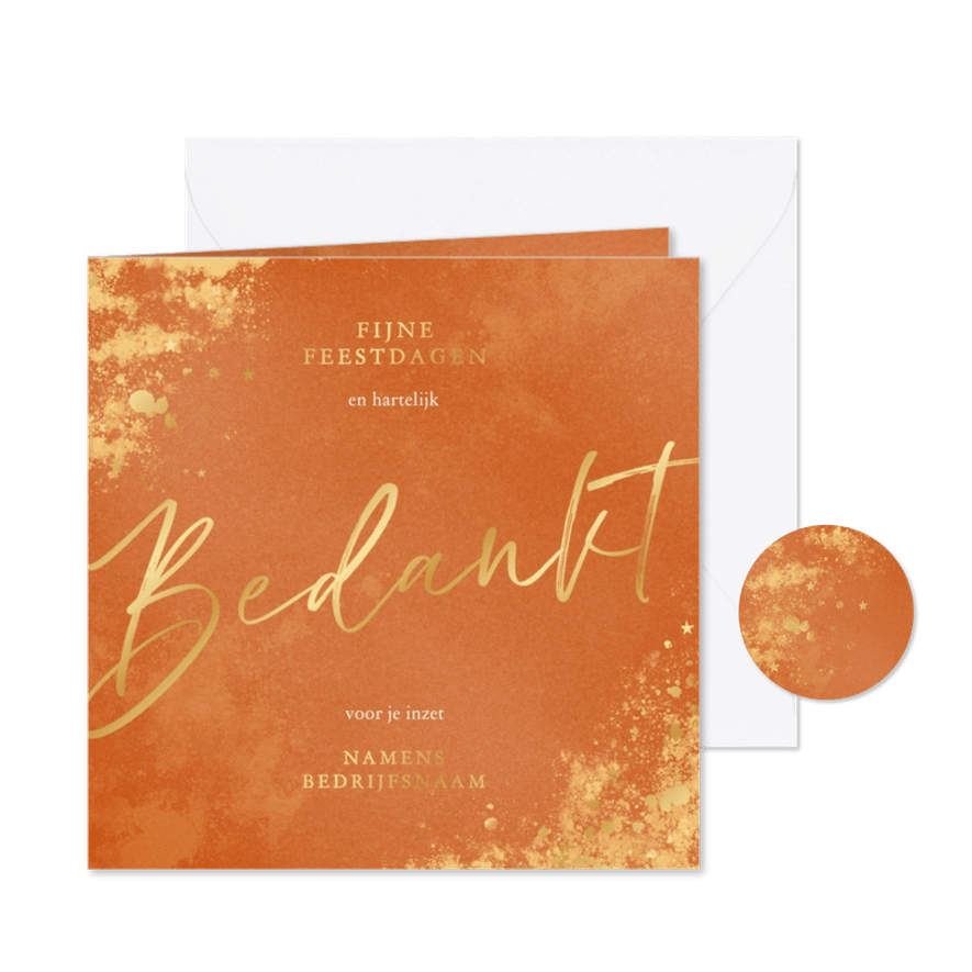 Stijlvolle oranje kerstkaart zakelijk bedankt met glitters - Kaartimpressie