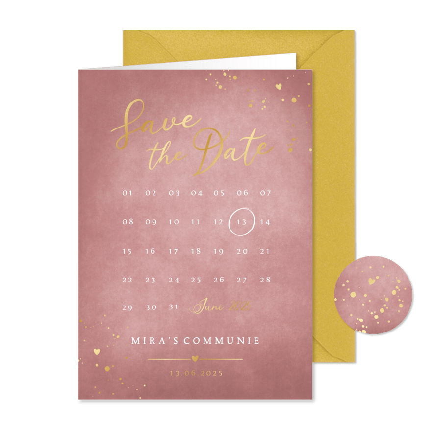 Stijlvolle oud roze Save the Date kalender communie kaart - Kaartimpressie