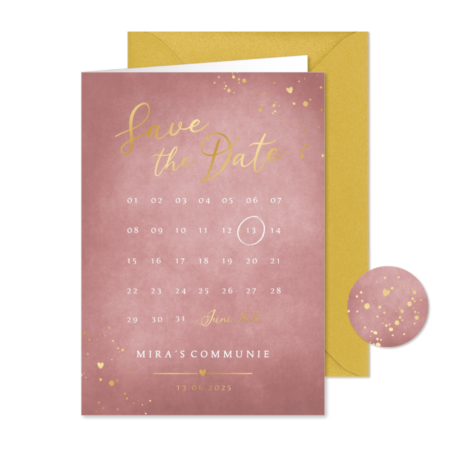 Stijlvolle oud roze Save the Date kalender communie kaart - Kaartimpressie