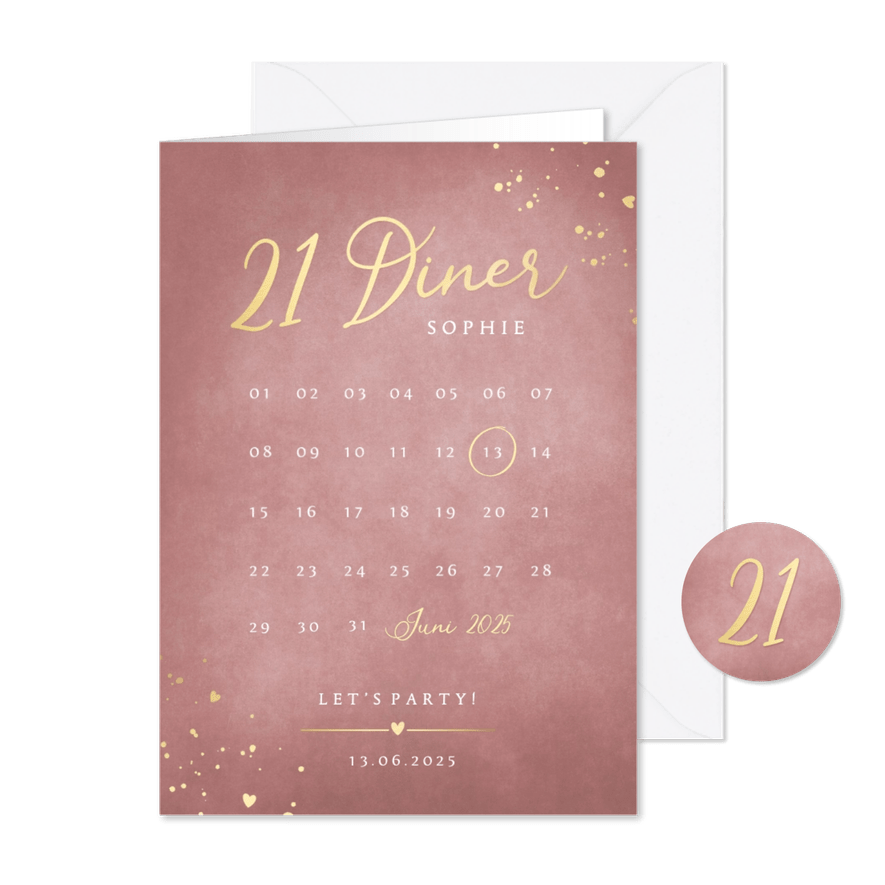 Stijlvolle oudroze 21 diner uitnodiging met kalender  - Kaartimpressie