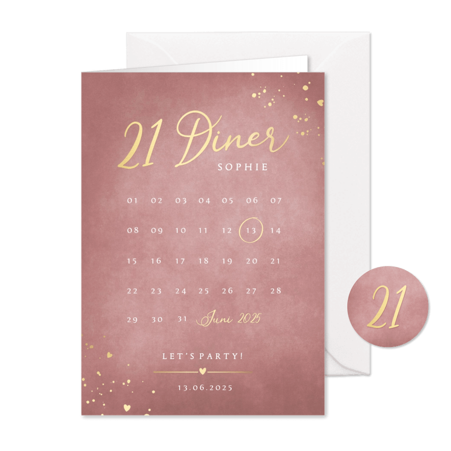 Stijlvolle oudroze 21 diner uitnodiging met kalender - Kaartimpressie