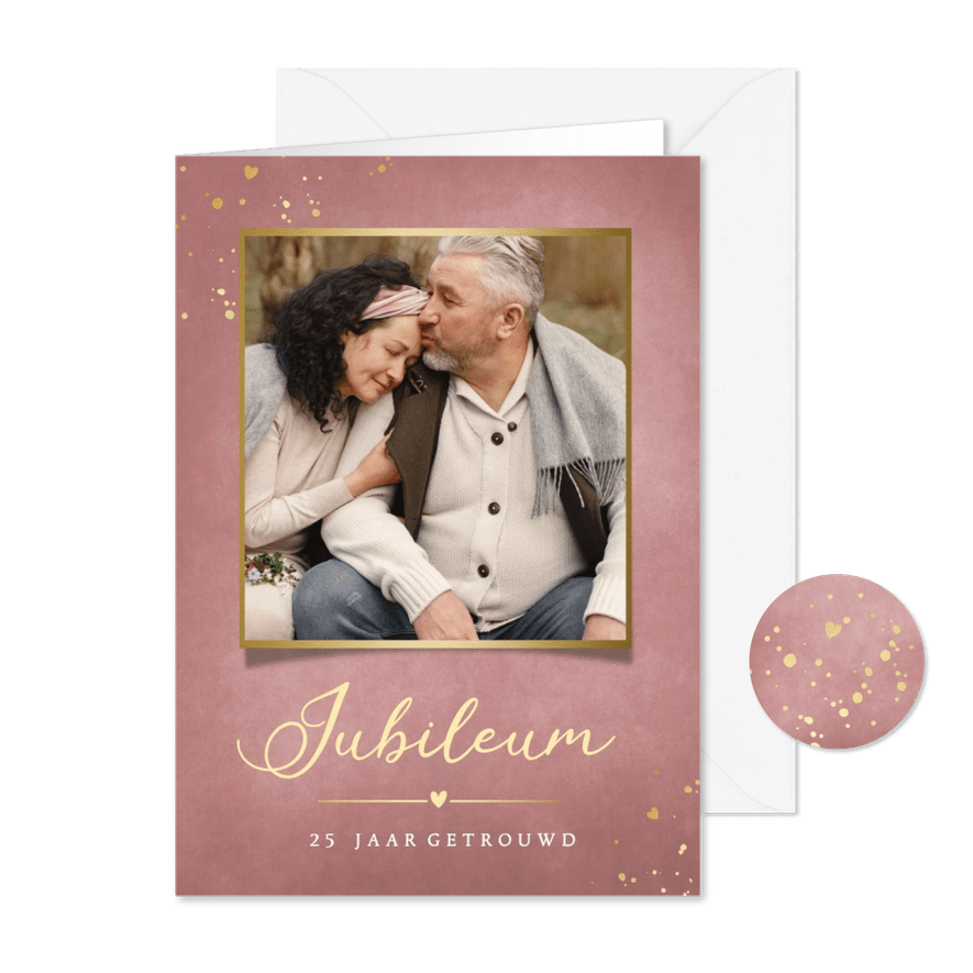 Stijlvolle oudroze uitnodiging huwelijksjubileum met foto - Kaartimpressie