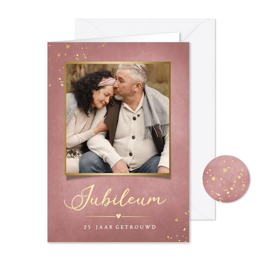 Stijlvolle oudroze uitnodiging huwelijksjubileum met foto - Kaartimpressie