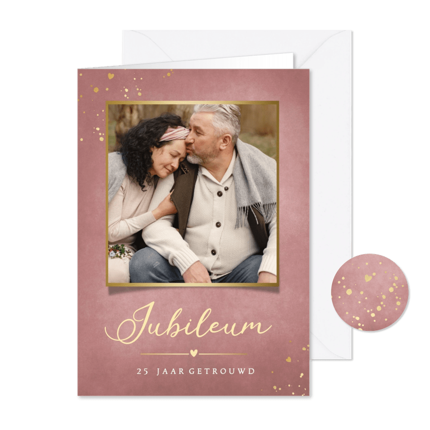 Stijlvolle oudroze uitnodiging huwelijksjubileum met foto - Kaartimpressie