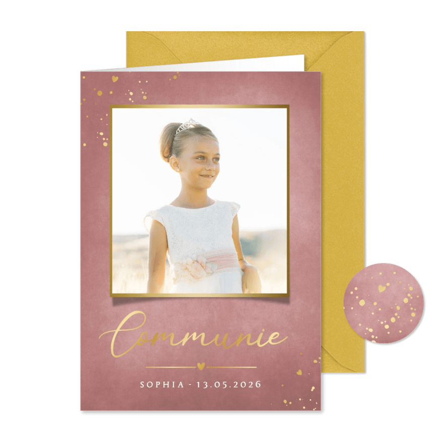 Stijlvolle oudroze uitnodiging voor communie met eigen foto - Kaartimpressie
