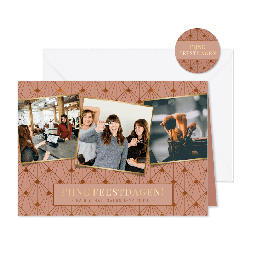 Stijlvolle oudroze zakelijke kerstkaart met 3 eigen foto's  - Kaartimpressie