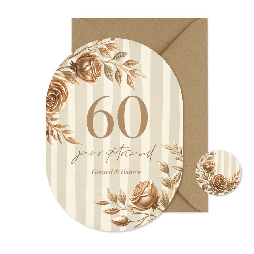 Stijlvolle ovaalvormige jubileumkaart bloemen en strepen - Kaartimpressie