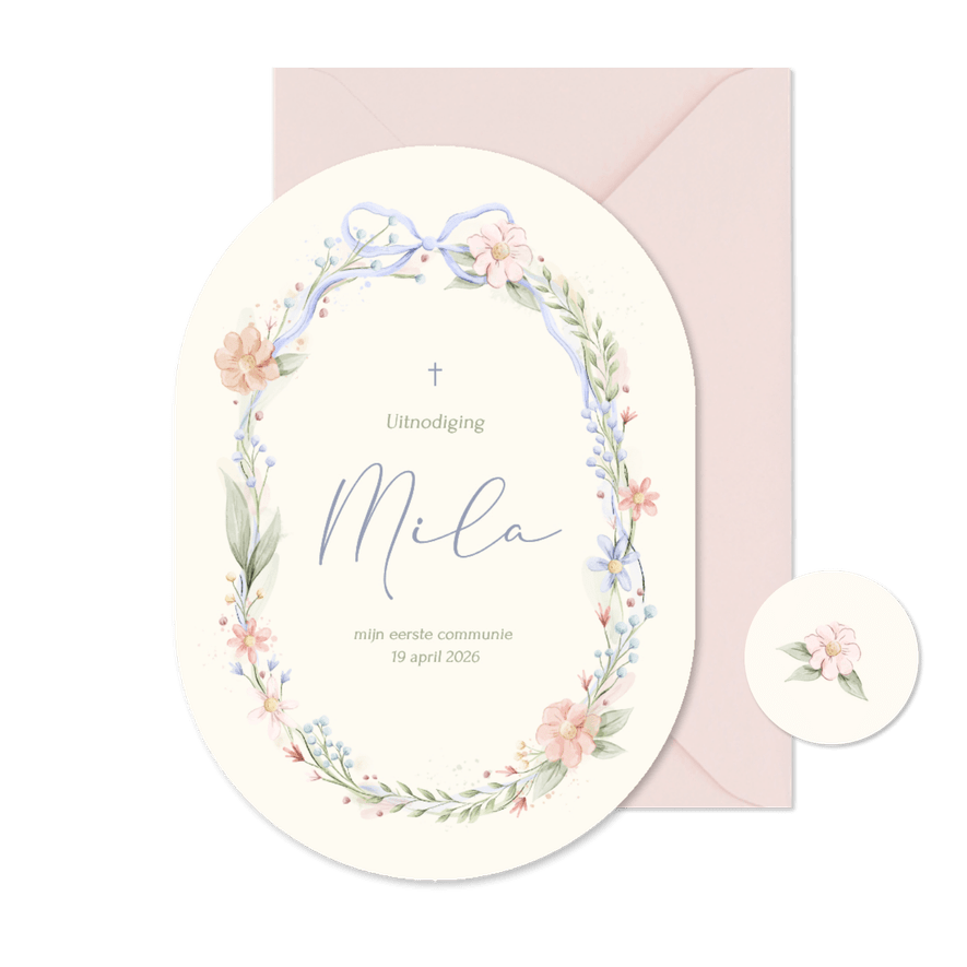Stijlvolle ovale communiekaart strik met aquarel bloemen - Kaartimpressie