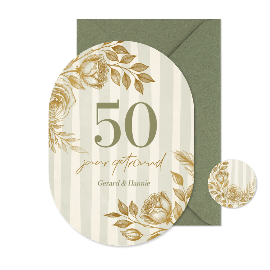Stijlvolle ovale jubileumkaart met gouden bloemen en strepen - Kaartimpressie