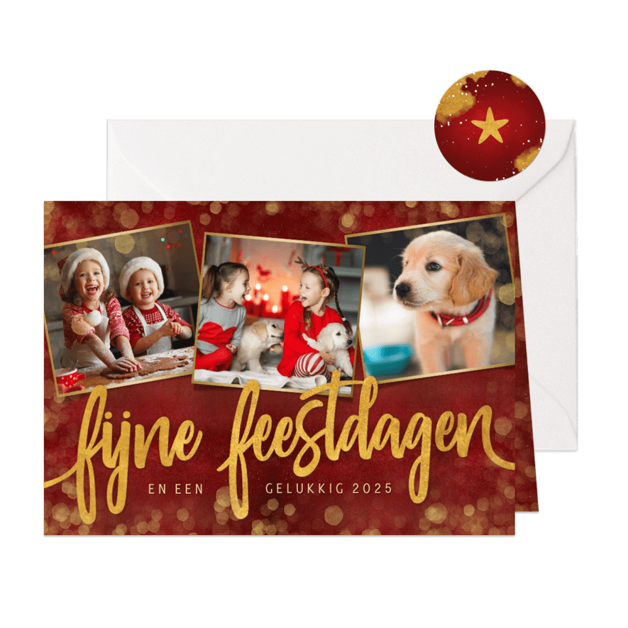 Stijlvolle rode fotocollage kerstkaart met 3 foto's en goud - Kaartimpressie