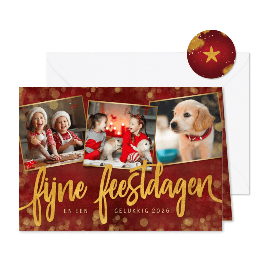 Stijlvolle rode fotocollage kerstkaart met 3 foto's en goud - Kaartimpressie