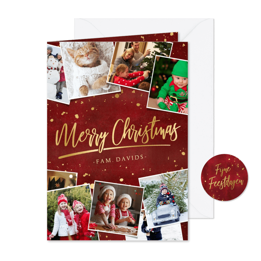 Stijlvolle rode fotocollage kerstkaart met goud - Kaartimpressie
