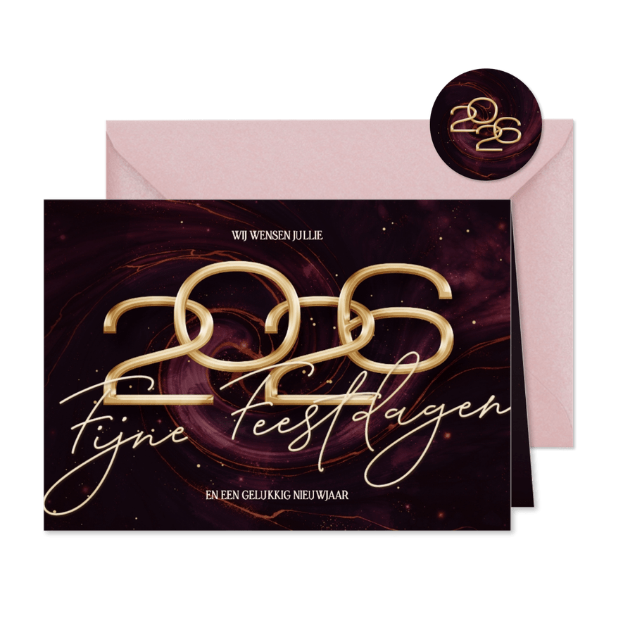 Stijlvolle rode kerstkaart 2026 met marmer swirl - Kaartimpressie