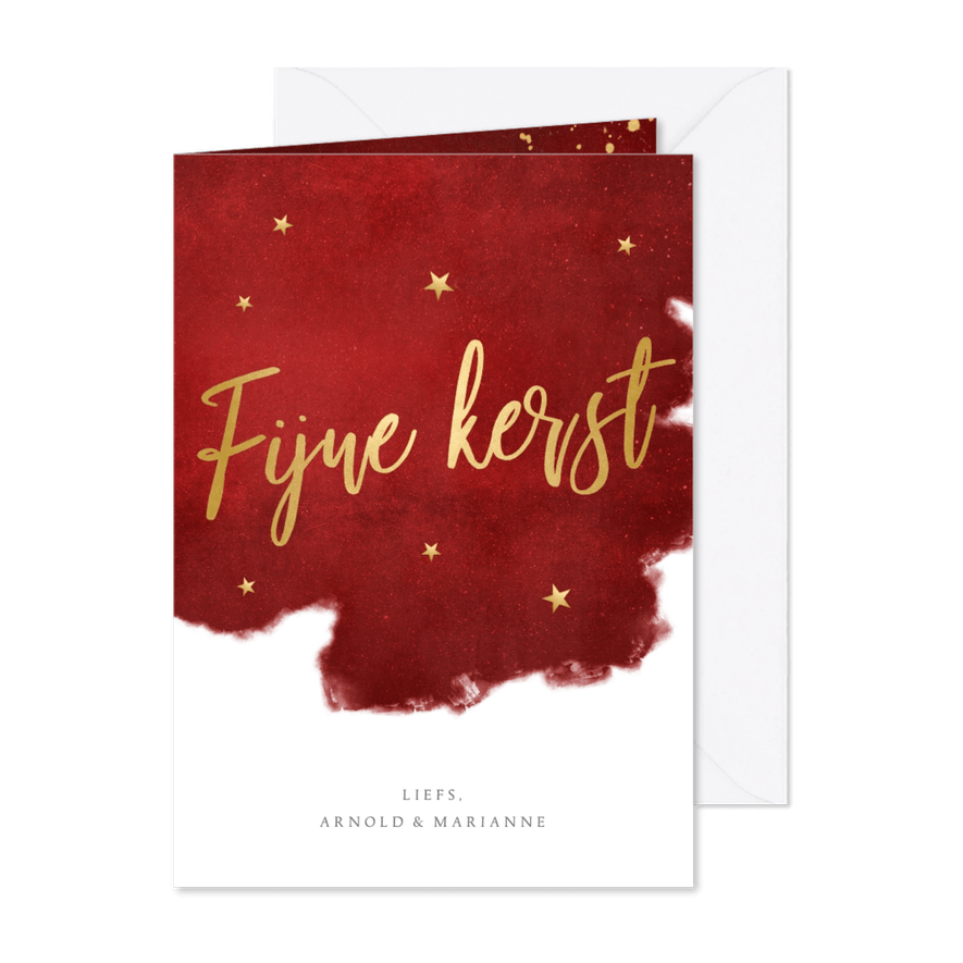Stijlvolle rode kerstkaart met goudlook letters fijne kerst - Kaartimpressie